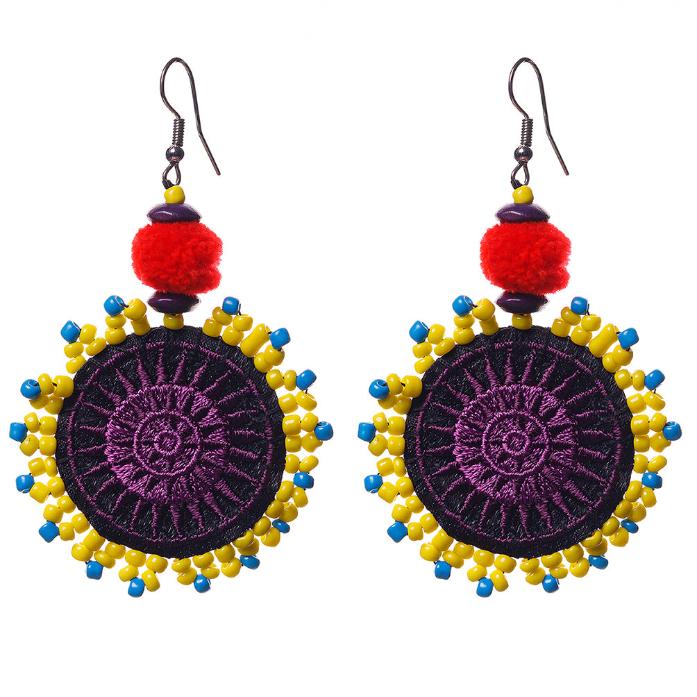 Hmong Embroidered Circle Earrings with Pompoms