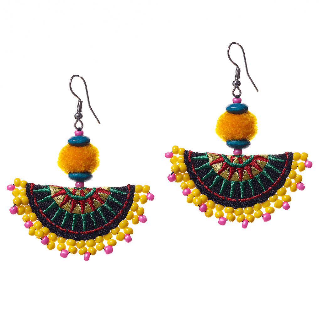 Hmong Embroidered Semi-Circle Earrings with Pompoms