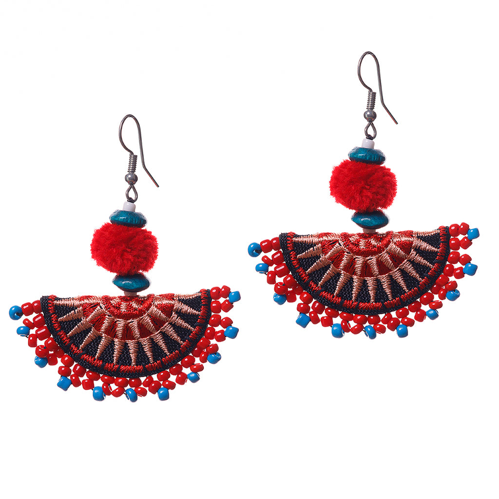 Hmong Embroidered Semi-Circle Earrings with Pompoms