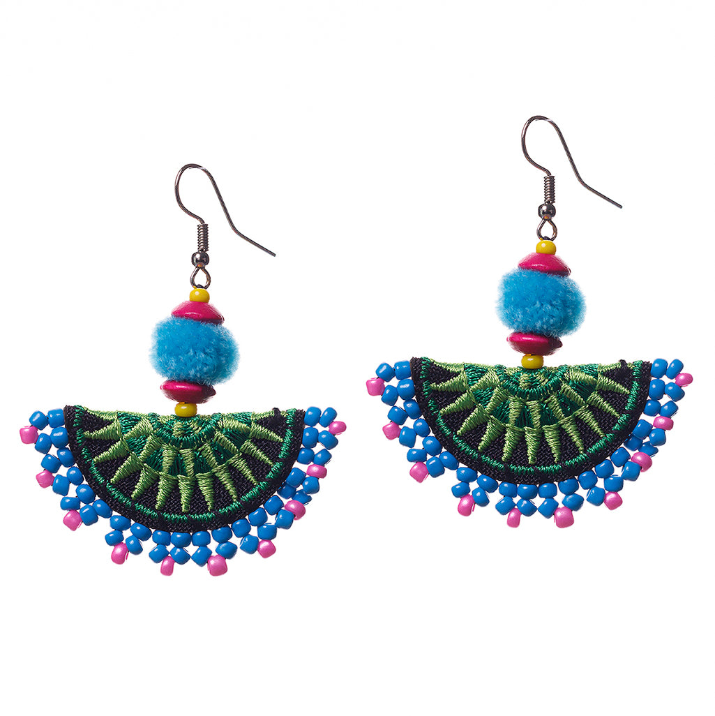 Hmong Embroidered Semi-Circle Earrings with Pompoms