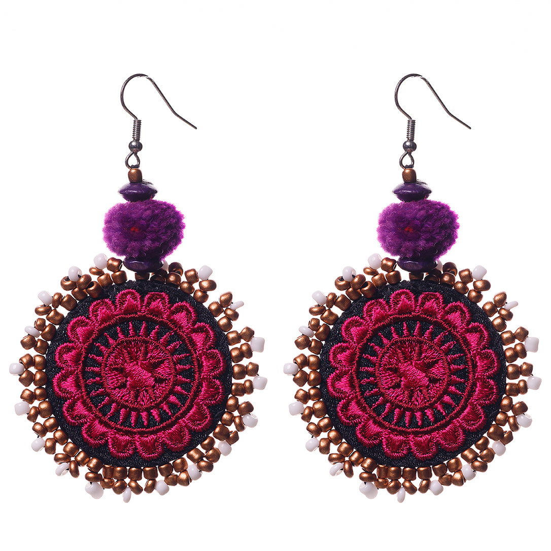 Hmong Embroidered Circle Earrings with Pompoms