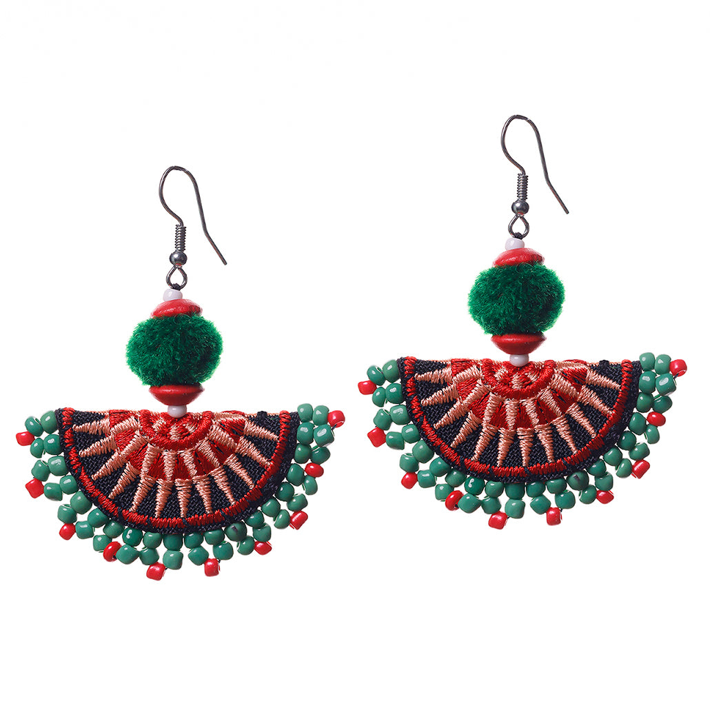 Hmong Embroidered Semi-Circle Earrings with Pompoms