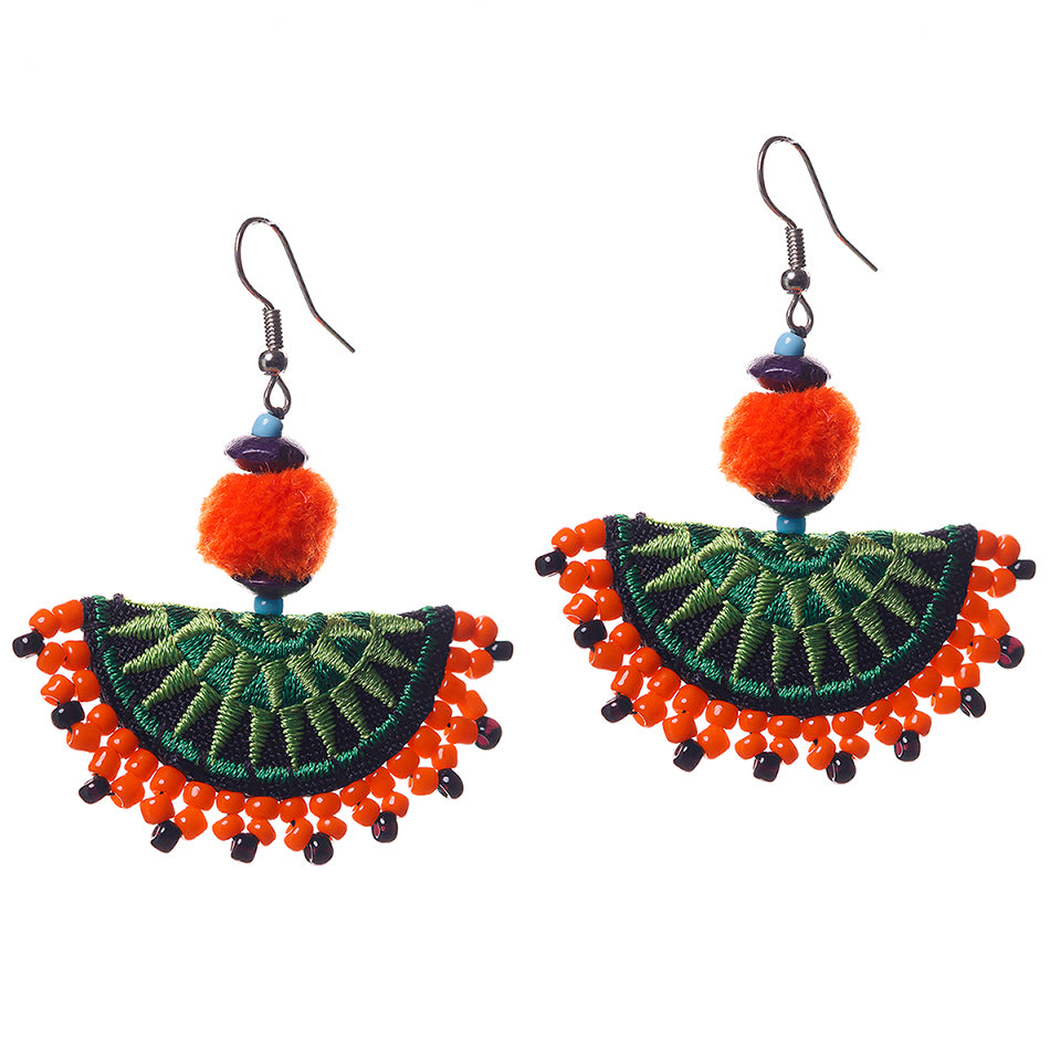 Hmong Embroidered Semi-Circle Earrings with Pompoms